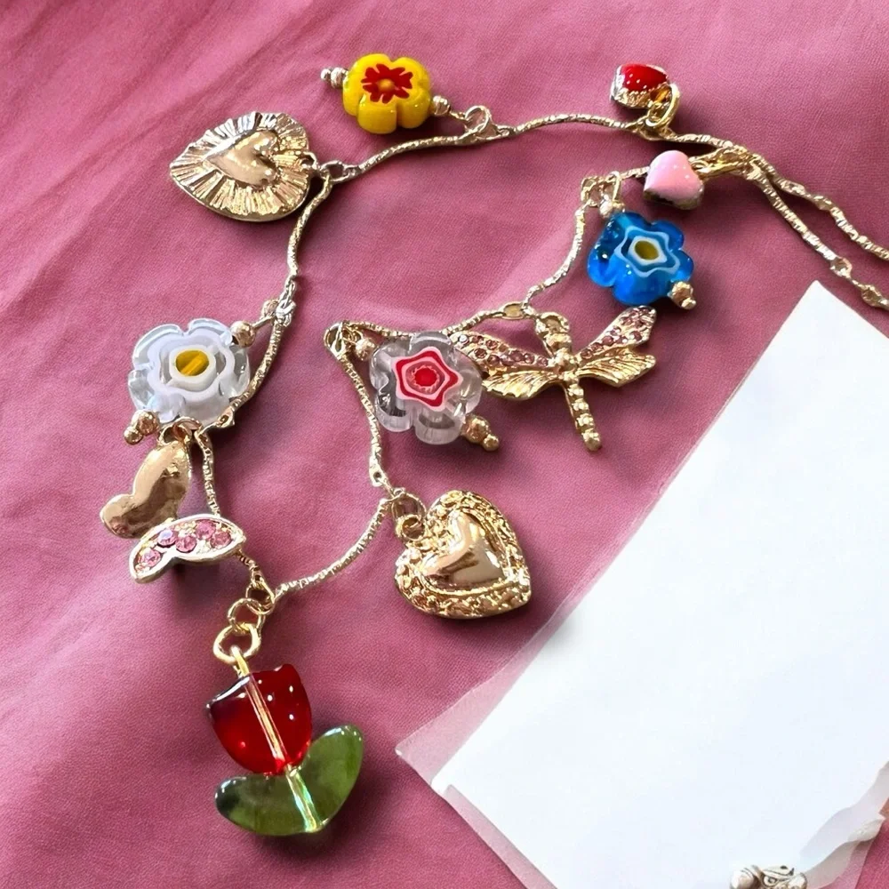 Gold and Red toned Charm Necklace glass rhinestones enamel tulip flower hearts